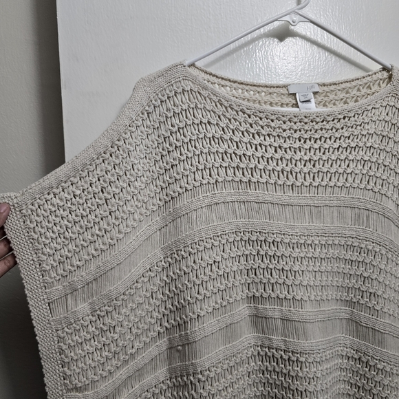 J Jill Fringe Boardwalk Open Stitch Poncho Sweater M L Beige Crochet Boho - Picture 3 of 7